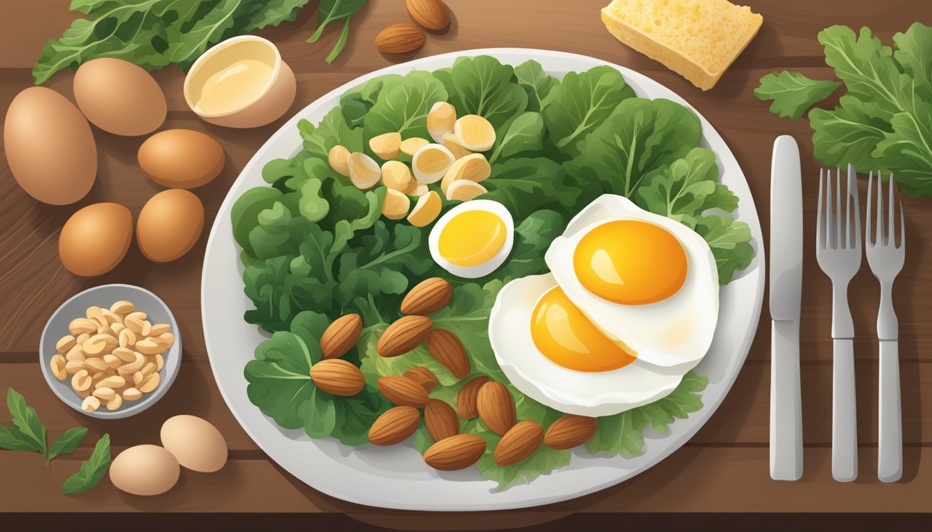 A dinner plate with a variety of foods, including sources of biotin such as eggs, nuts, and leafy greens, surrounded by a warm, inviting evening setting