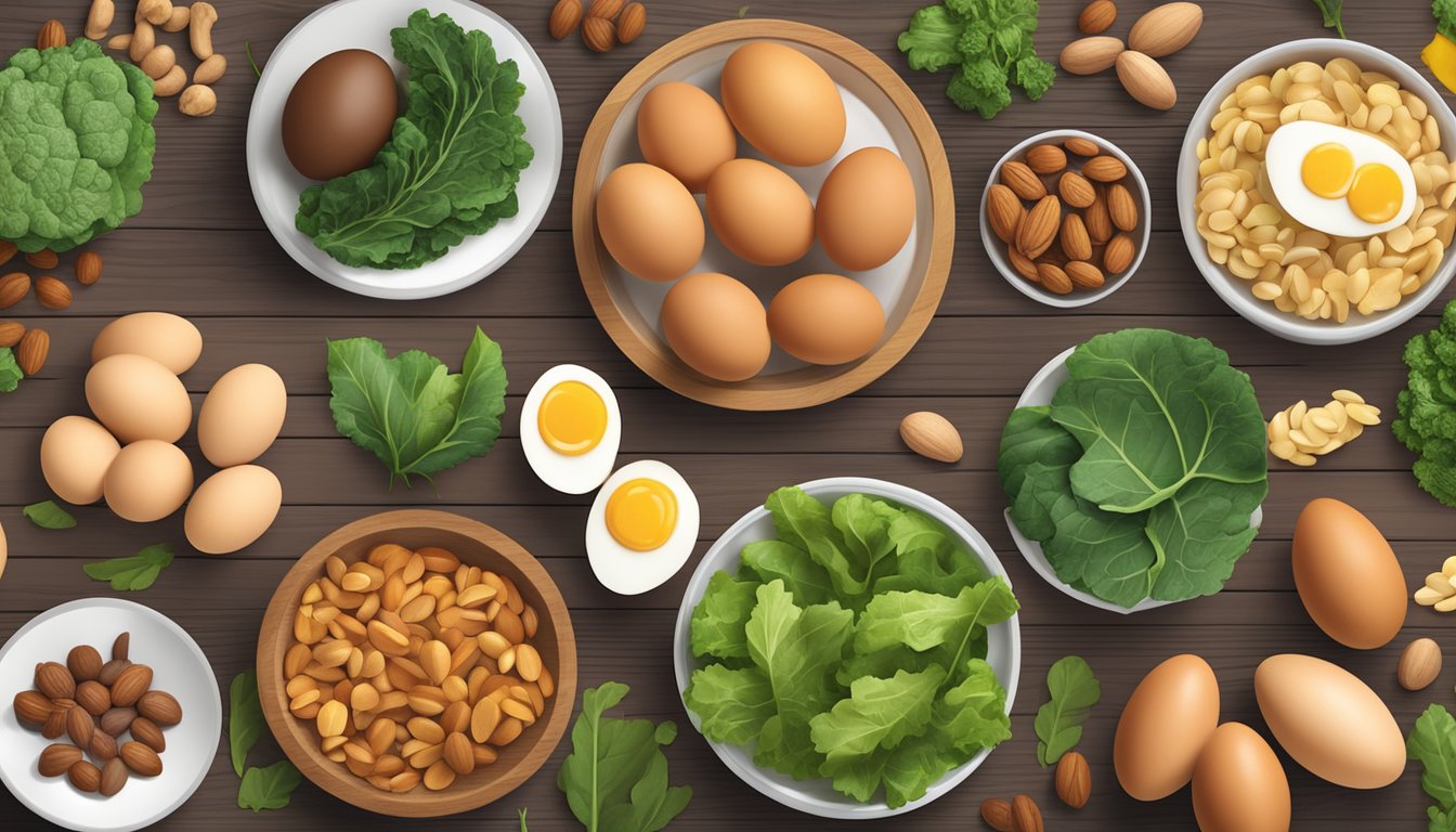 A colorful array of biotin-rich foods, such as eggs, nuts, and leafy greens, arranged on a wooden table with their nutritional values displayed