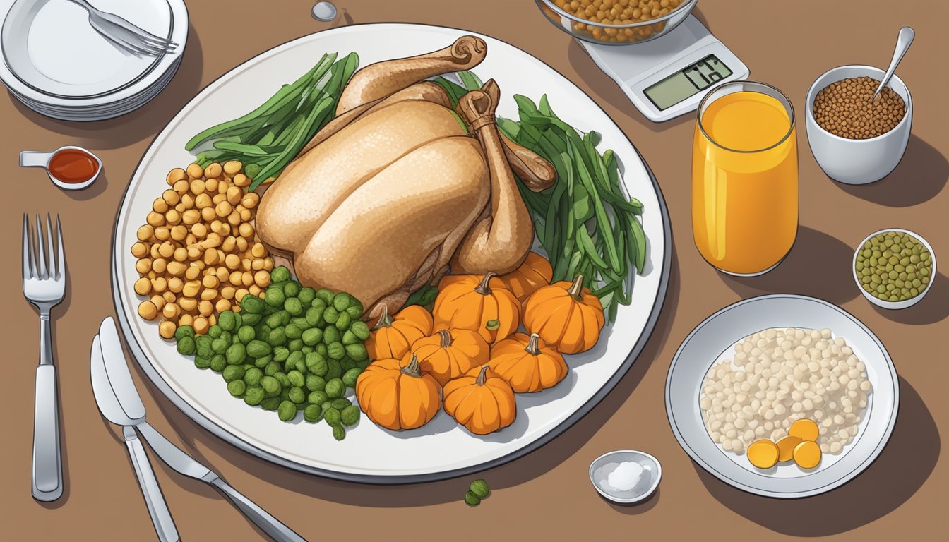 A dinner plate with foods rich in arginine, such as turkey, chicken, pumpkin seeds, and chickpeas, surrounded by measuring cups and a blood sugar monitor