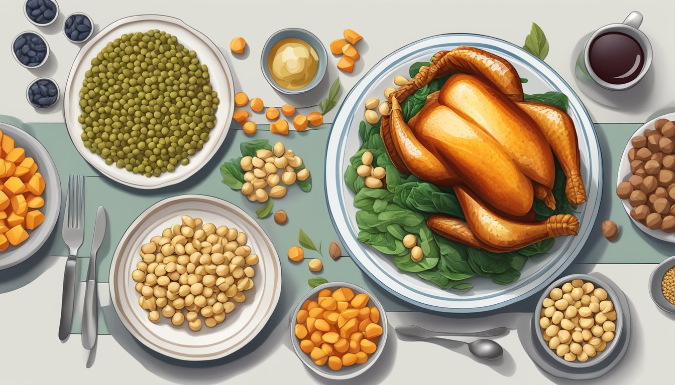 A dinner plate with foods high in arginine, such as turkey, pumpkin seeds, and chickpeas, surrounded by blood sugar level indicators