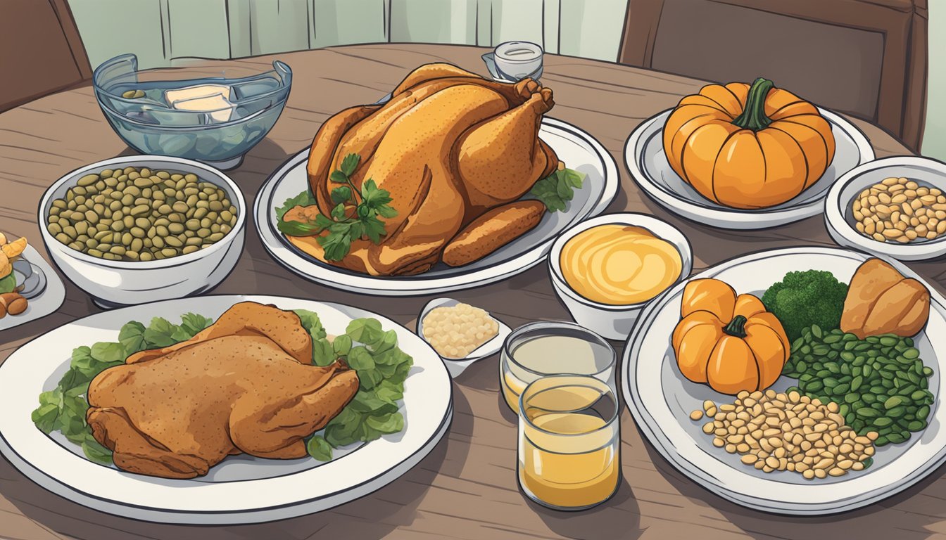 A dinner table with a variety of foods, including arginine-rich sources like turkey, chicken, pumpkin seeds, and soybeans. A blood sugar monitor sits nearby, indicating stable levels