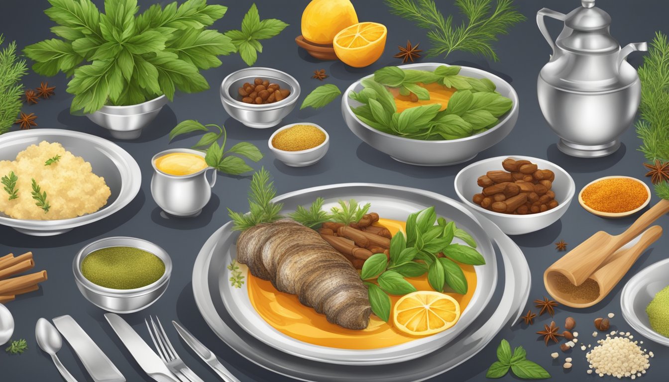 A dinner table set with aromatic herbs and spices, emitting a calming and appetizing scent