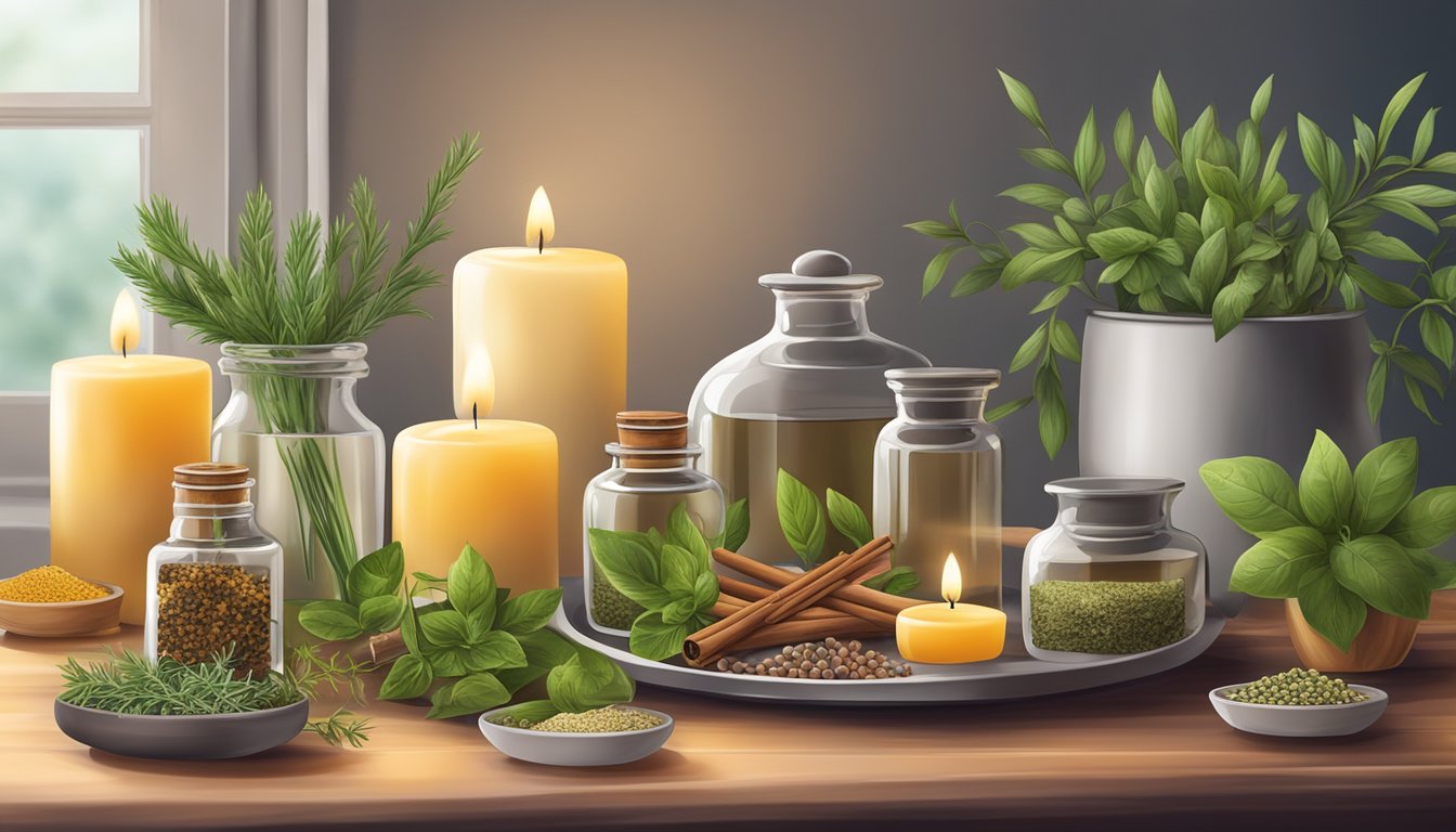 A table set with aromatic herbs and spices, surrounded by candles and essential oil diffusers