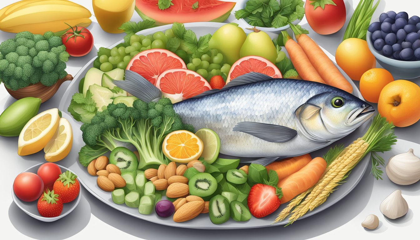 A plate of food with a balanced meal including sources of L-arginine, such as fish, nuts, and whole grains, surrounded by colorful fruits and vegetables