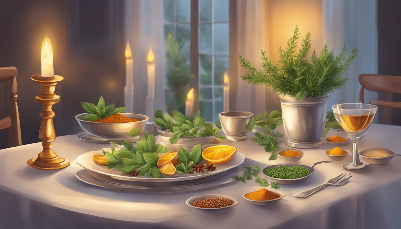 A table set with aromatic herbs and spices, emitting a warm, inviting scent. A candle flickers, casting a soft glow over the elegant dinner setting