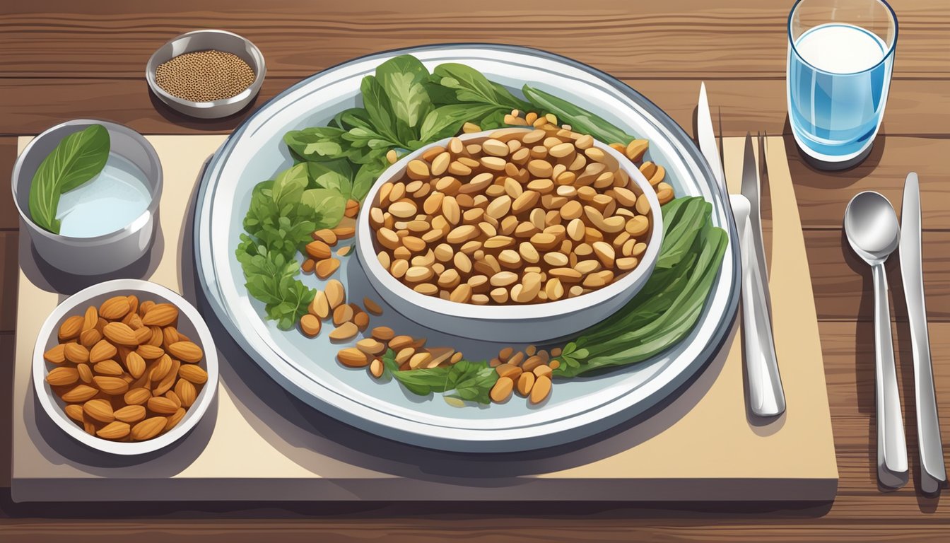 A dinner table set with a plate of food containing arginine-rich sources such as nuts, seeds, fish, and beans, with a glass of water on the side