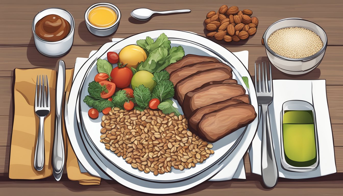 A dinner table set with a balanced meal including arginine-rich foods such as lean meats, nuts, and seeds. A blood sugar monitor and healthy plate proportions are visible