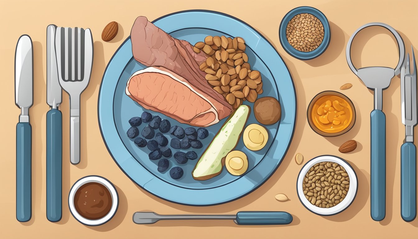 A dinner plate with foods high in arginine, such as nuts, seeds, and lean meats, surrounded by measuring tools and a blood sugar monitor