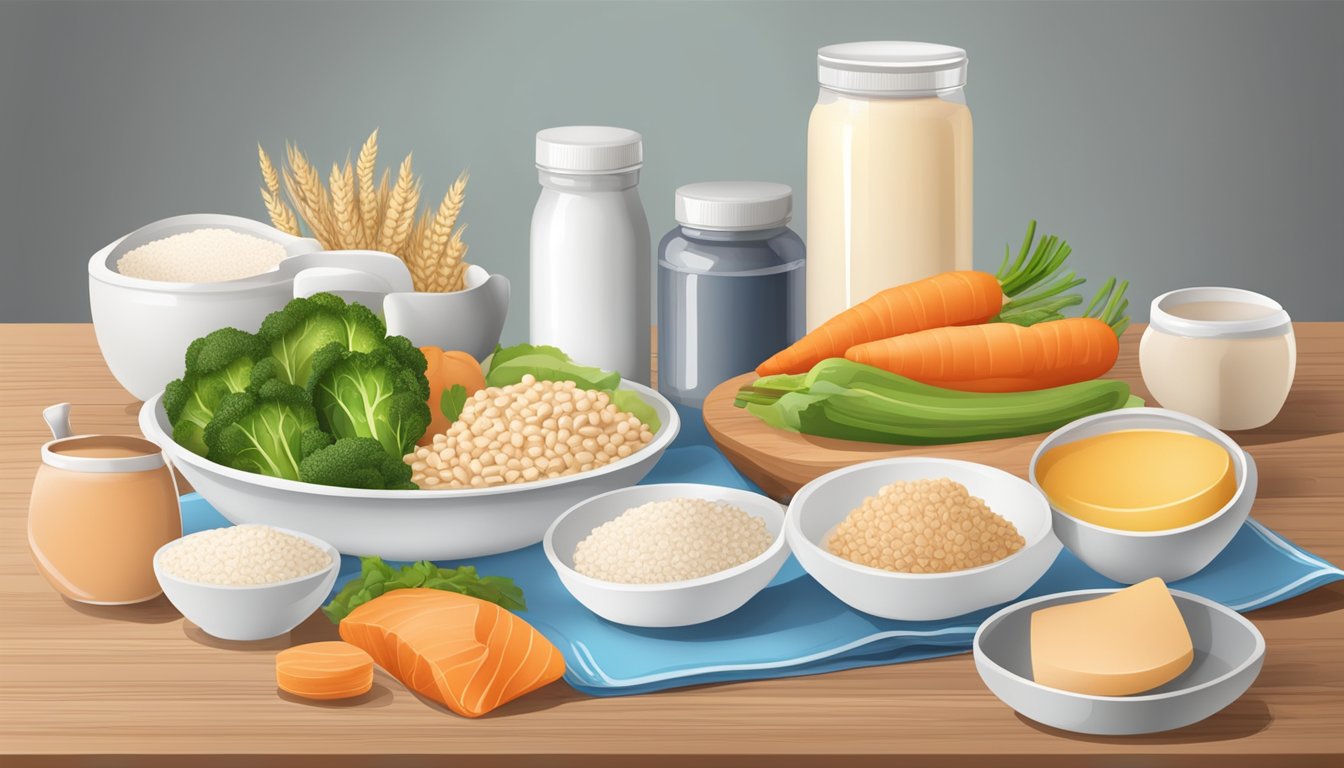 A table set with a balanced meal including lean protein, vegetables, and whole grains. A bottle of collagen supplement and a bandage on the table