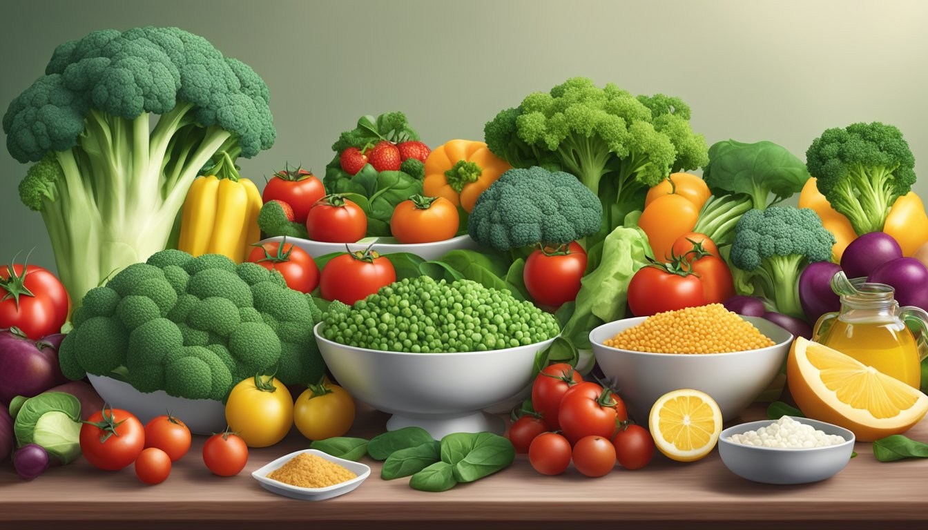 A table set with a variety of foods rich in alpha-lipoic acid, such as spinach, broccoli, and tomatoes, surrounded by colorful fruits and vegetables