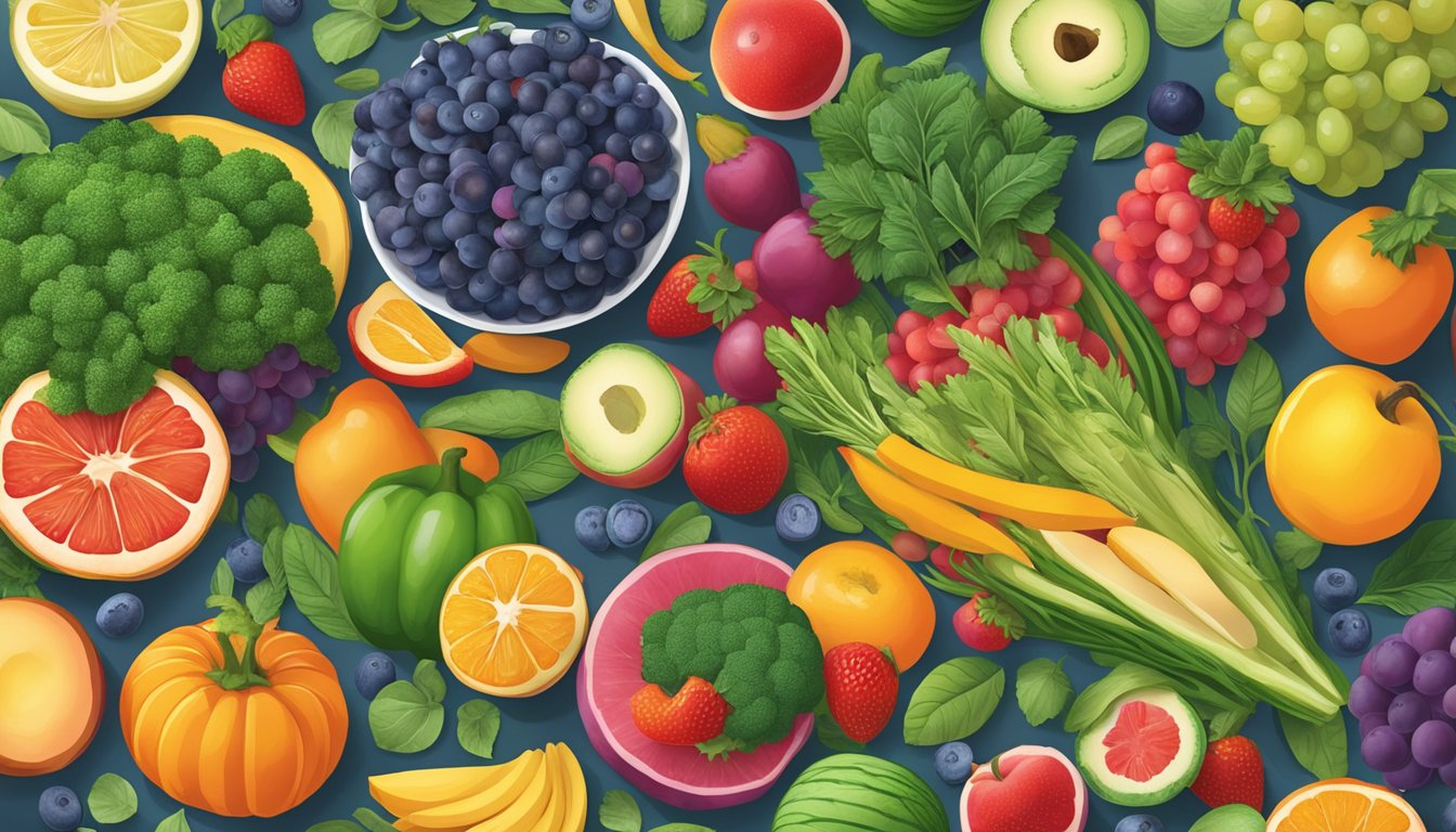 A vibrant dinner table with an array of colorful fruits, vegetables, and herbs arranged in an appealing manner, showcasing the benefits of bioflavonoids for diabetes and blood vessel health