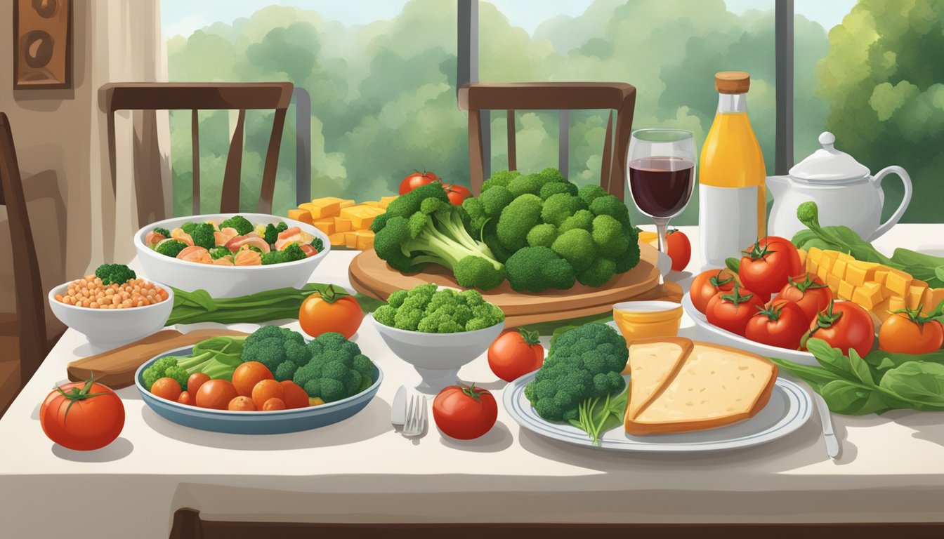 A dinner table set with a variety of food items rich in alpha-lipoic acid, such as spinach, broccoli, and tomatoes, surrounded by a warm, inviting atmosphere