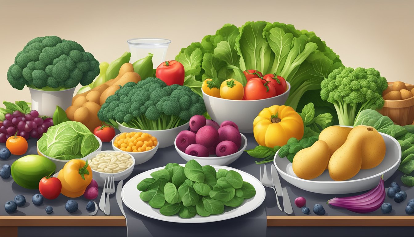 A dinner table set with a variety of foods rich in alpha-lipoic acid, such as spinach, broccoli, and potatoes, surrounded by vibrant fruits and vegetables