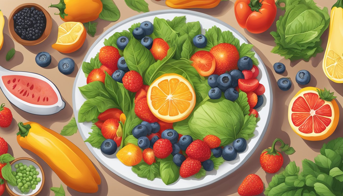 A colorful dinner plate filled with diabetes-friendly foods like berries, citrus fruits, and leafy greens, surrounded by vibrant bioflavonoid-rich ingredients like peppers and tomatoes