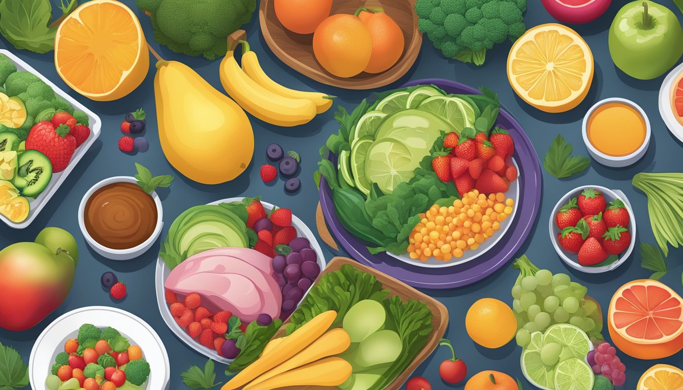 A vibrant dinner table with an array of colorful fruits, vegetables, and lean proteins, showcasing a variety of diabetes-friendly meal options