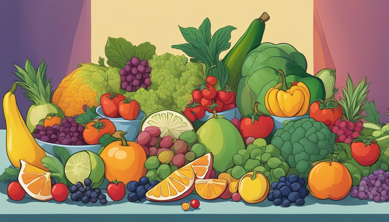 A vibrant array of fruits, vegetables, and legumes arranged on a dinner table, showcasing a variety of colors and shapes