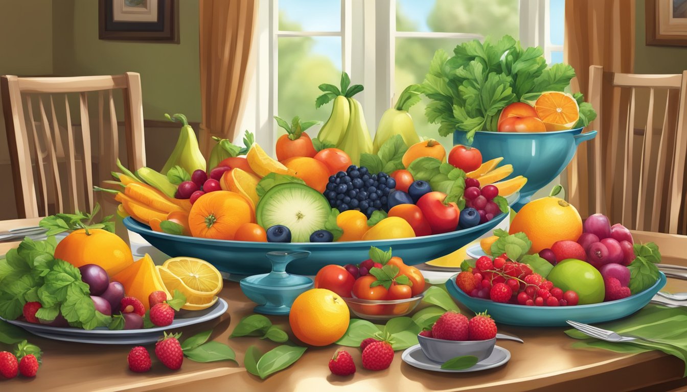 A vibrant dinner table with an assortment of colorful fruits and vegetables, including berries, citrus fruits, and leafy greens, arranged in an appealing and appetizing manner