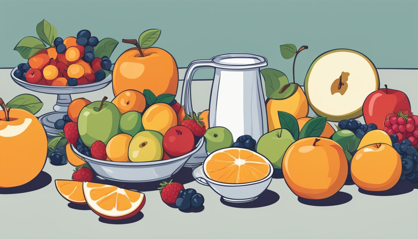 A table with a variety of fruits like apples, oranges, and berries. A scale and a measuring cup are nearby, emphasizing the importance of portion control for diabetics