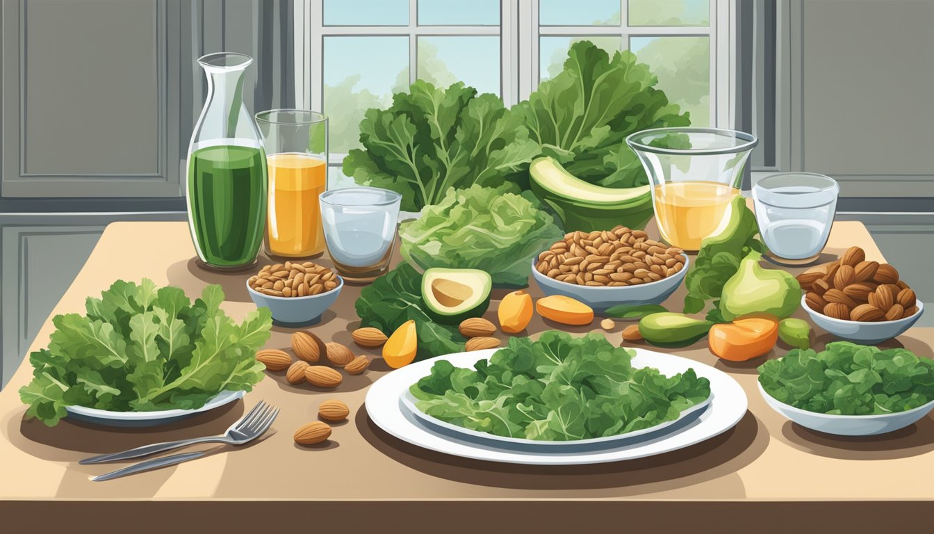 A dinner table set with a variety of magnesium-rich foods, such as leafy greens, nuts, and whole grains, alongside a glass of water