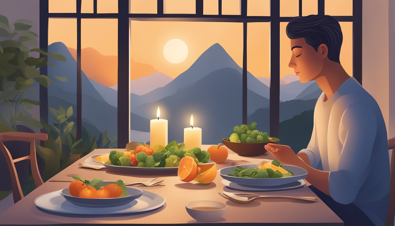 A serene dinner table with a lit candle, a plate of healthy food, and a person sitting in meditation posture