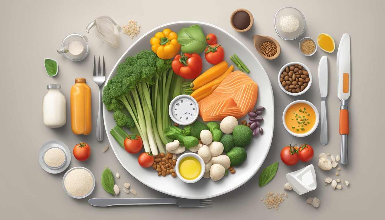 A dinner plate filled with diabetes-friendly foods, including glucomannan-rich vegetables and lean protein, set against a backdrop of blood sugar monitoring tools