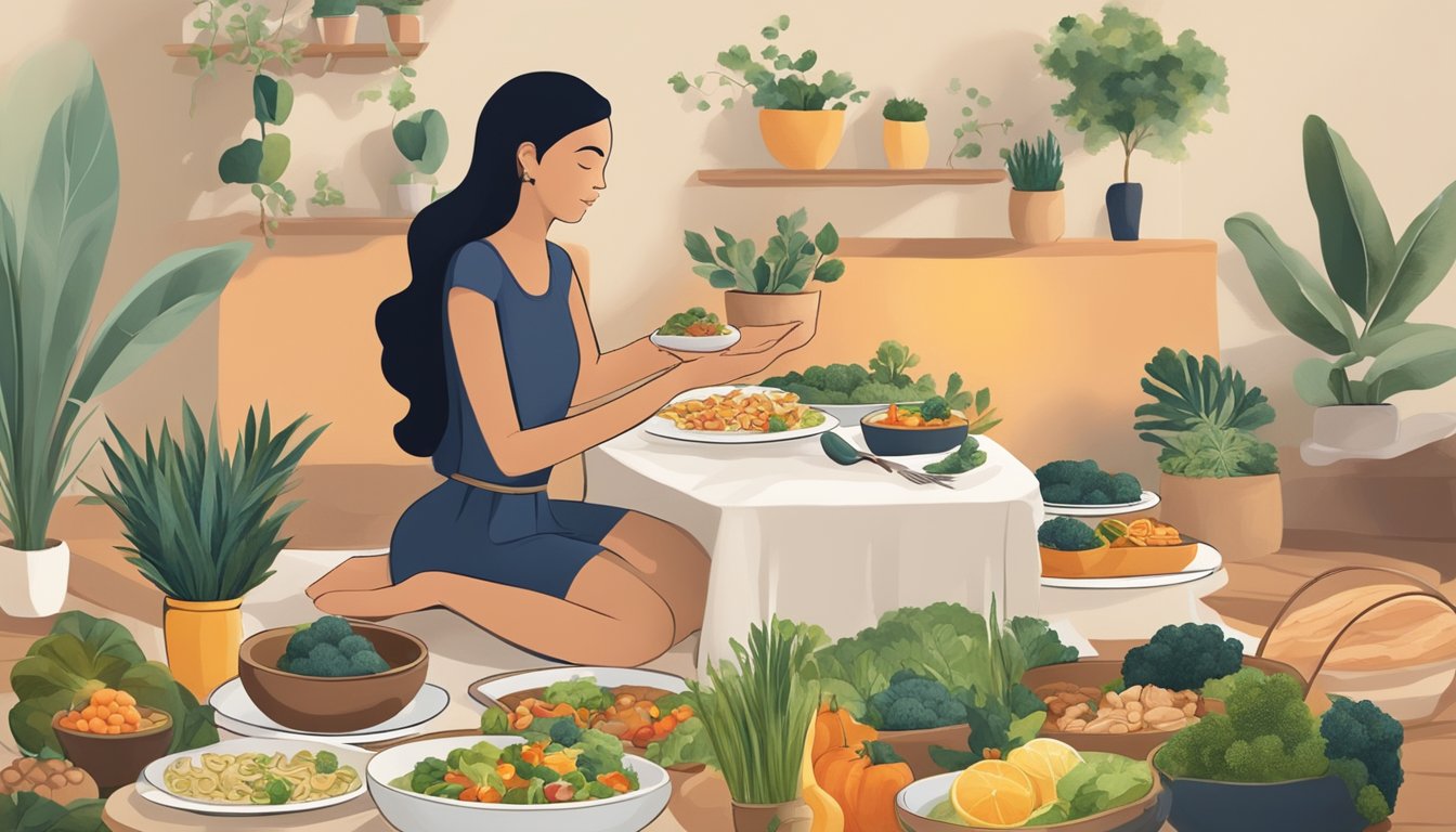 A serene dinner table with a variety of healthy foods, a person meditating, and a peaceful atmosphere