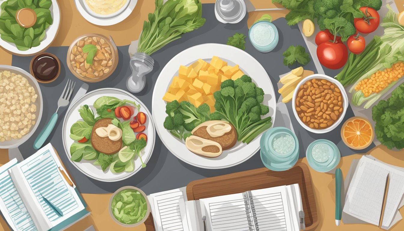 A table set with a variety of evening meal options, including foods rich in magnesium, surrounded by research papers and data charts on diabetes and magnesium intake