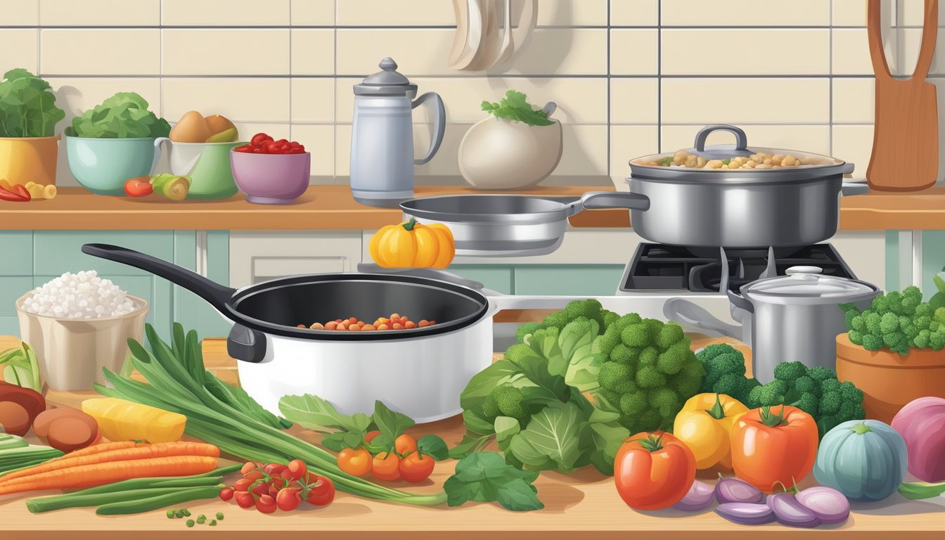 A colorful array of diabetes-friendly ingredients, including glucomannan fiber, arranged on a kitchen counter. A steaming pot and sizzling pan suggest the preparation of blood sugar-friendly dinners