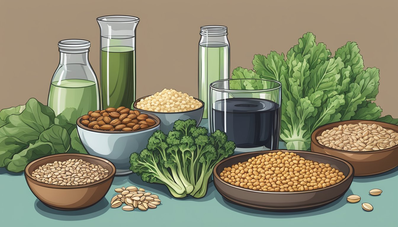 A dinner table set with a variety of magnesium-rich foods, such as leafy greens, nuts, seeds, and whole grains, alongside a glass of water