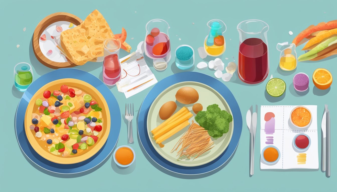 A table set with colorful plates of food, surrounded by test tubes and beakers, with a blood test report showing different outcomes based on the food consumed