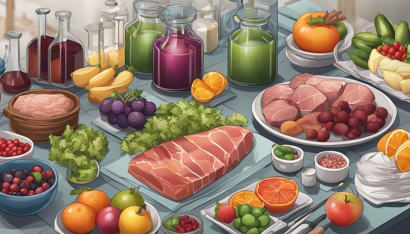 A table set with various foods, including colorful fruits, vegetables, and meats, alongside vials of blood and a lab technician's equipment