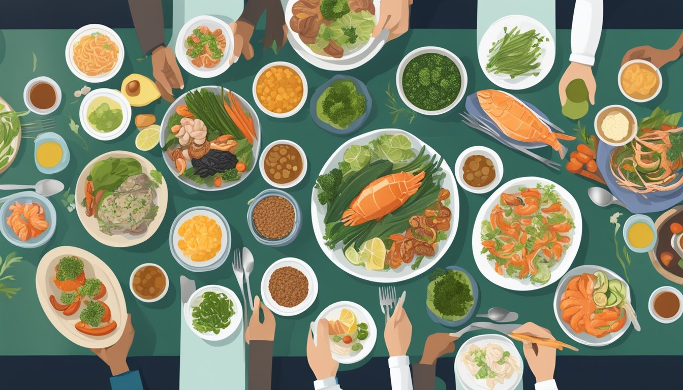 A dinner table set with a variety of nutrient-rich foods, including iodine-rich options like seafood and seaweed, alongside diabetes-friendly choices