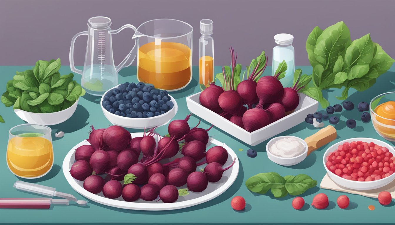 A table set with colorful foods, including red beets, blueberries, and green spinach, surrounded by blood test tubes and medical equipment