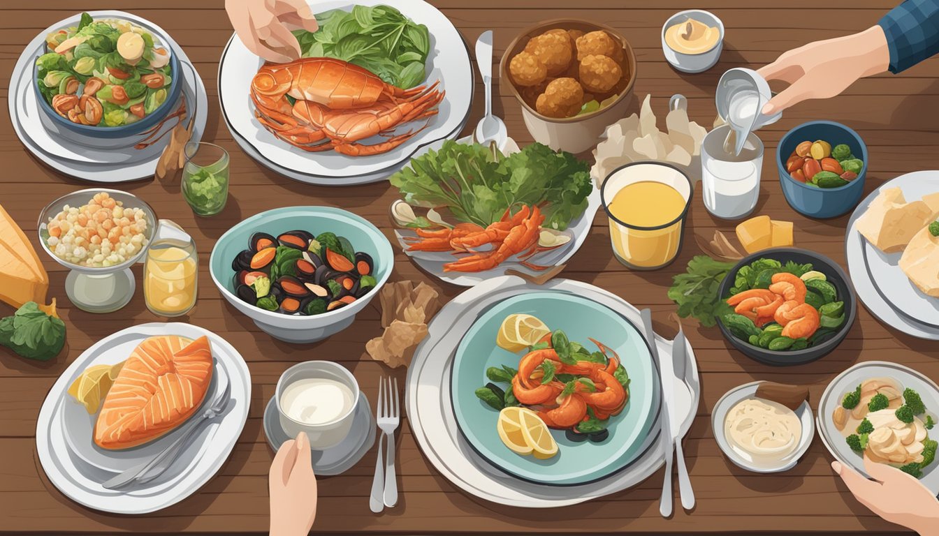 A dinner table set with a variety of foods, including iodine-rich options like seafood and dairy, alongside diabetic-friendly choices