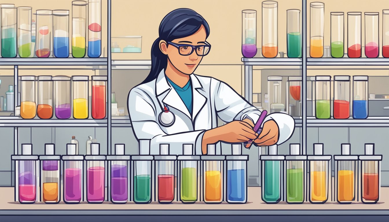 A lab technician adding various colored foods to test tubes of blood