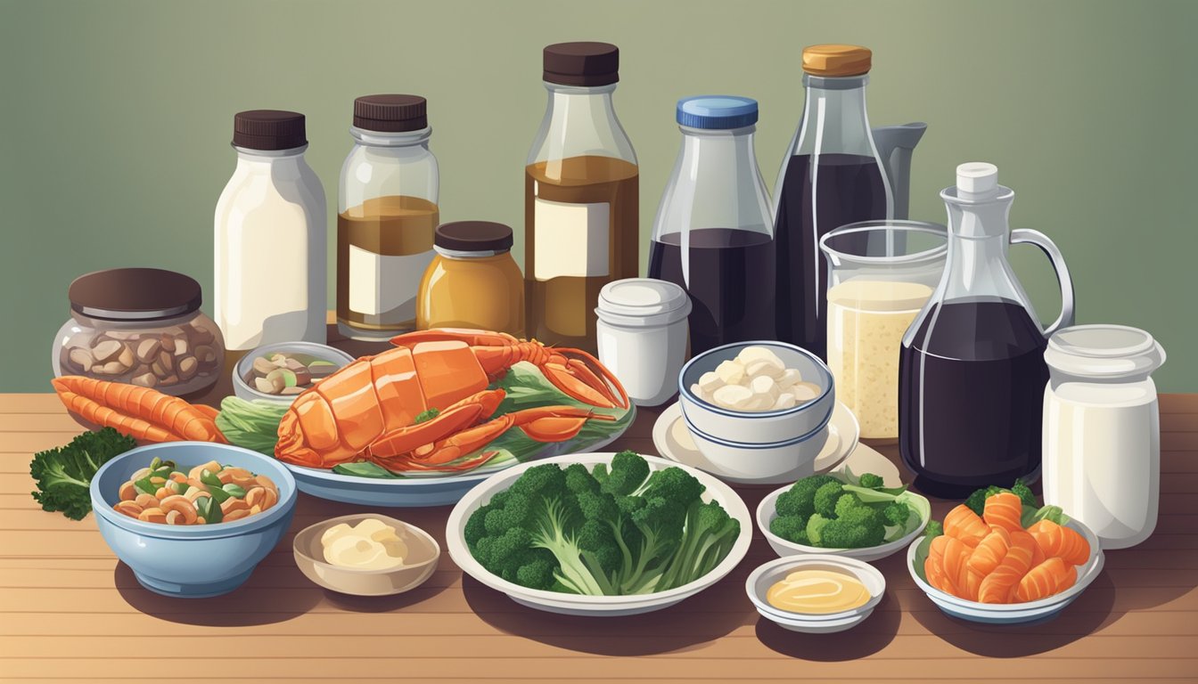 A dinner table set with a variety of foods rich in iodine, such as seafood, dairy products, and vegetables, alongside a bottle of iodine supplements