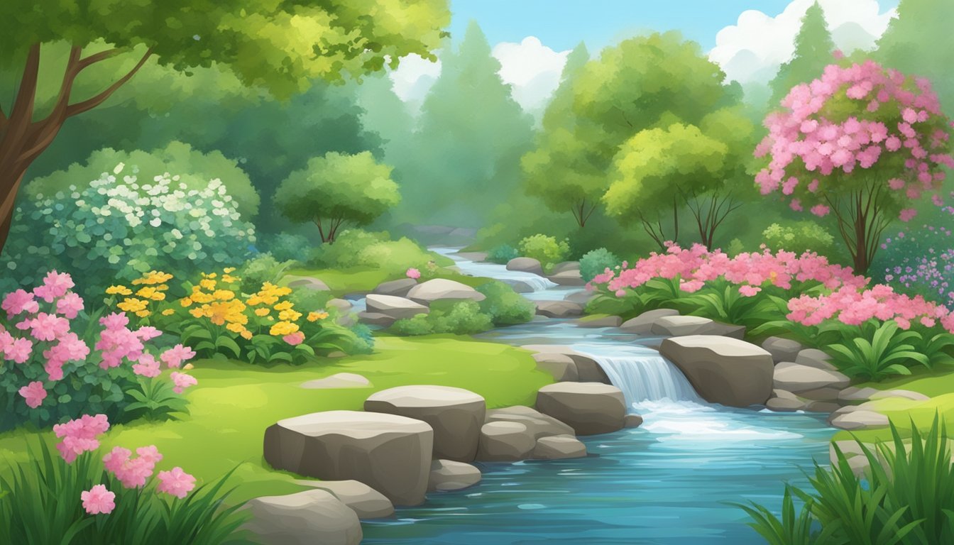 A serene garden with a flowing stream, surrounded by lush greenery and blooming flowers. A peaceful scene with a sense of tranquility and relaxation