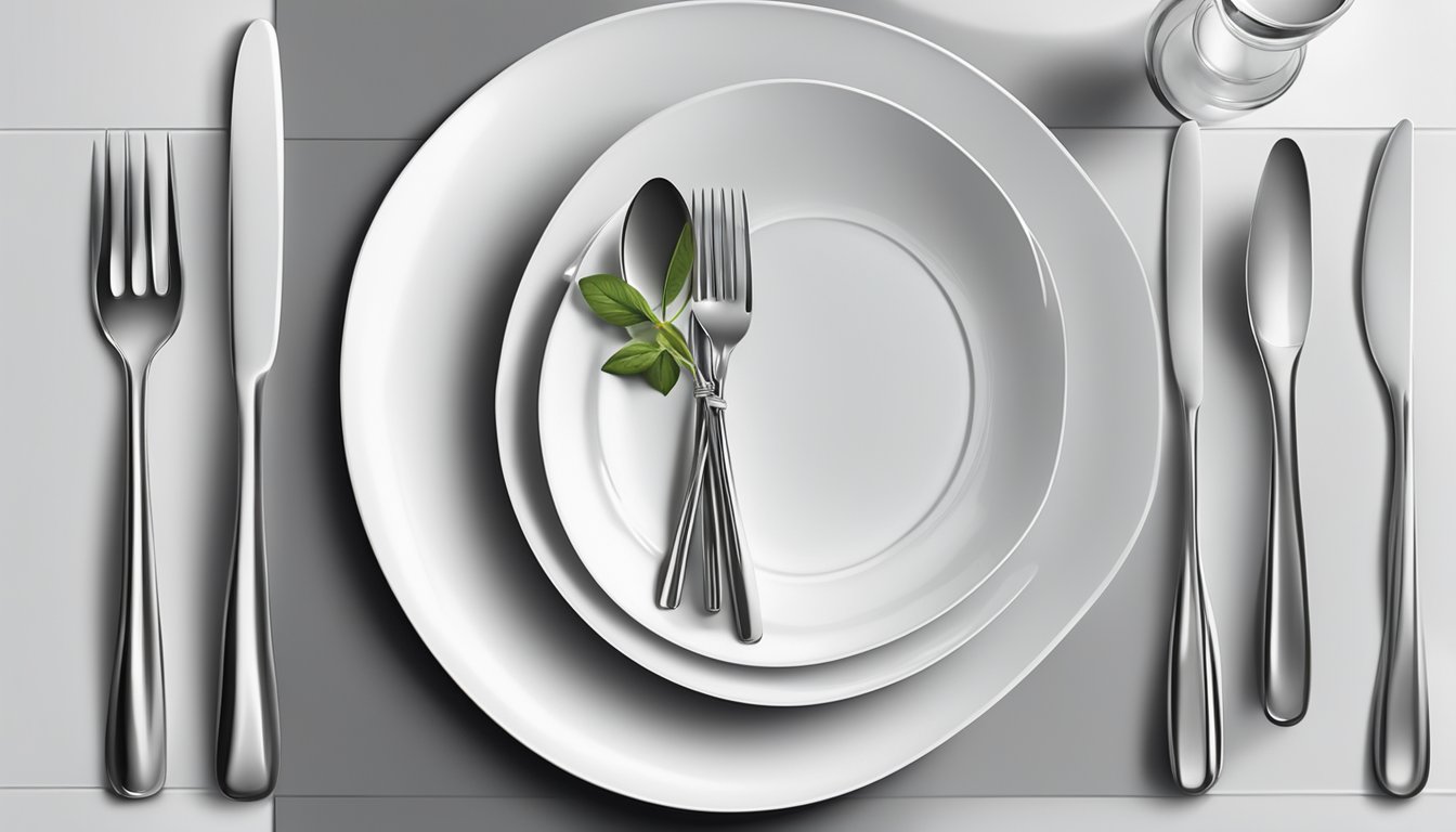 A table set with various types of cutlery, including forks, spoons, and knives, arranged neatly on a white tablecloth with a plate and glass nearby