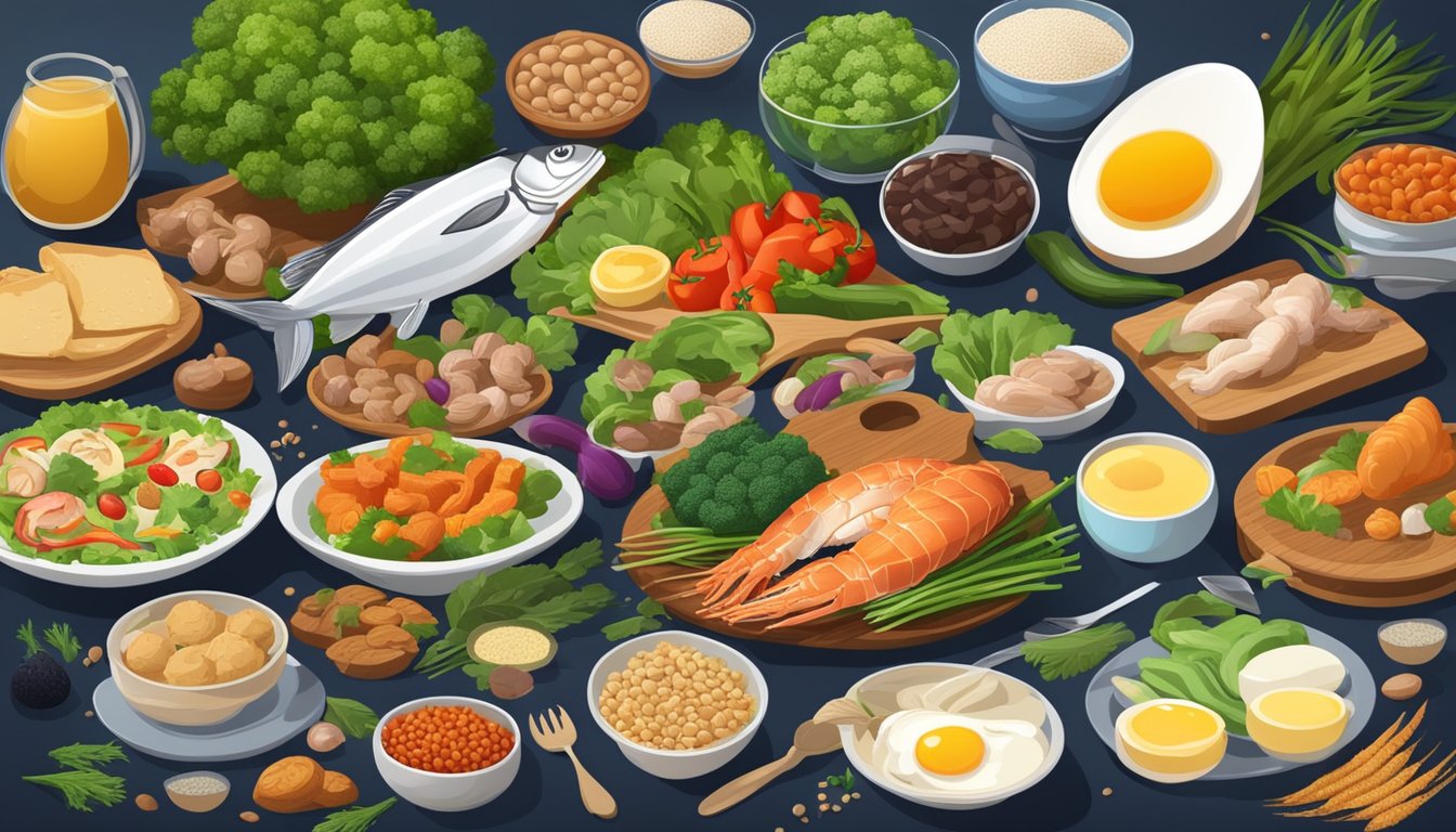 A dinner table set with foods rich in iodine, such as seafood, dairy, and eggs, surrounded by a variety of colorful vegetables and whole grains