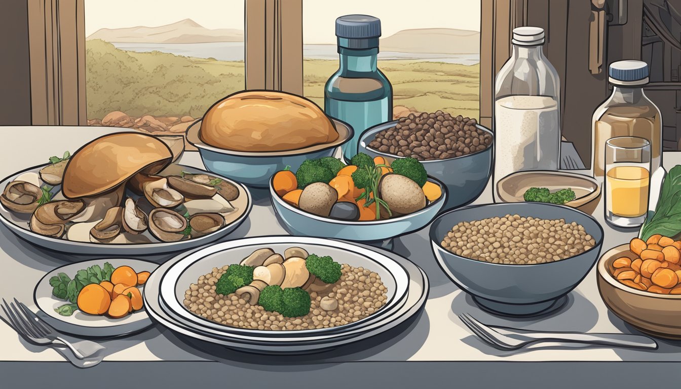 A dinner table set with a balanced meal including foods rich in vanadium, such as mushrooms, shellfish, and whole grains. A bottle of mineral supplements sits nearby