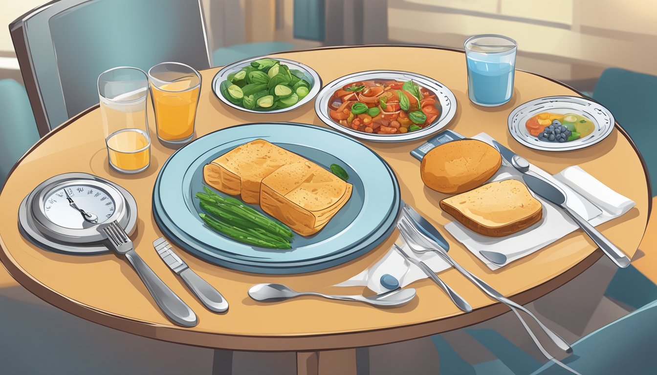 A table set with various types of cutlery arranged next to a plate of food, with a blood glucose monitor and chart in the background