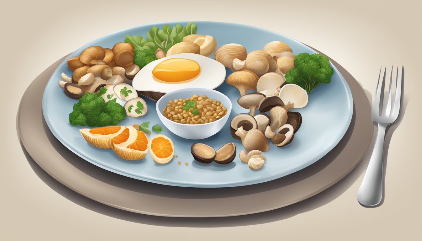 A dinner plate with a balanced meal including foods rich in vanadium, such as mushrooms, shellfish, and whole grains, set on a table with a glass of water