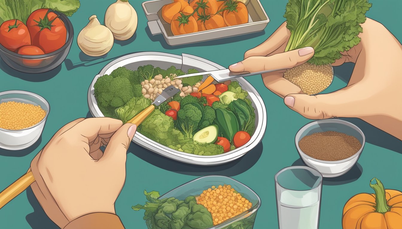 A person measuring out portions of vegetables, grains, and lean protein for a balanced evening meal, with a focus on incorporating vanadium-rich foods for diabetes management