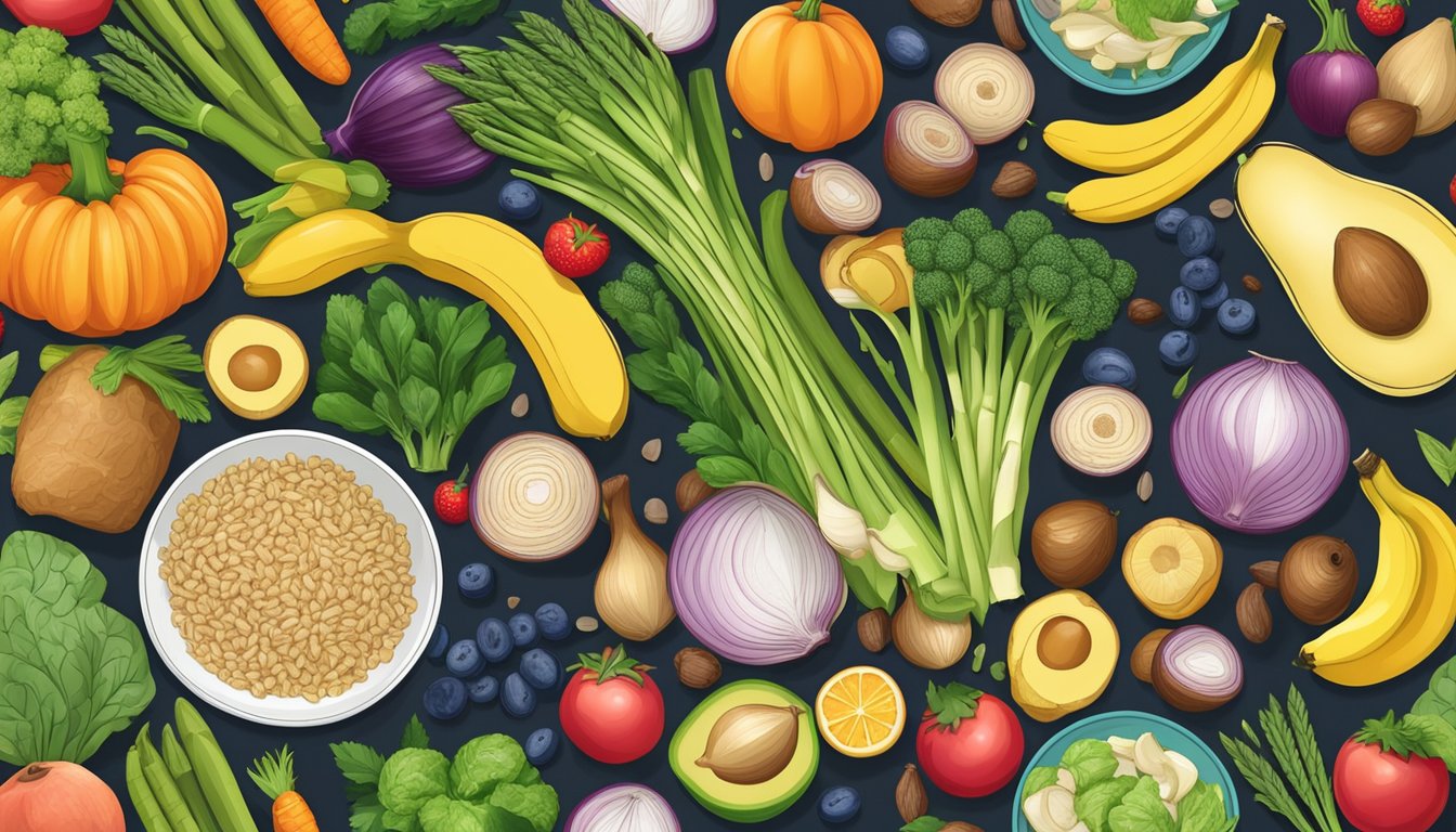 A colorful dinner plate filled with prebiotic-rich foods like bananas, onions, garlic, asparagus, and whole grains, surrounded by vibrant fruits and vegetables