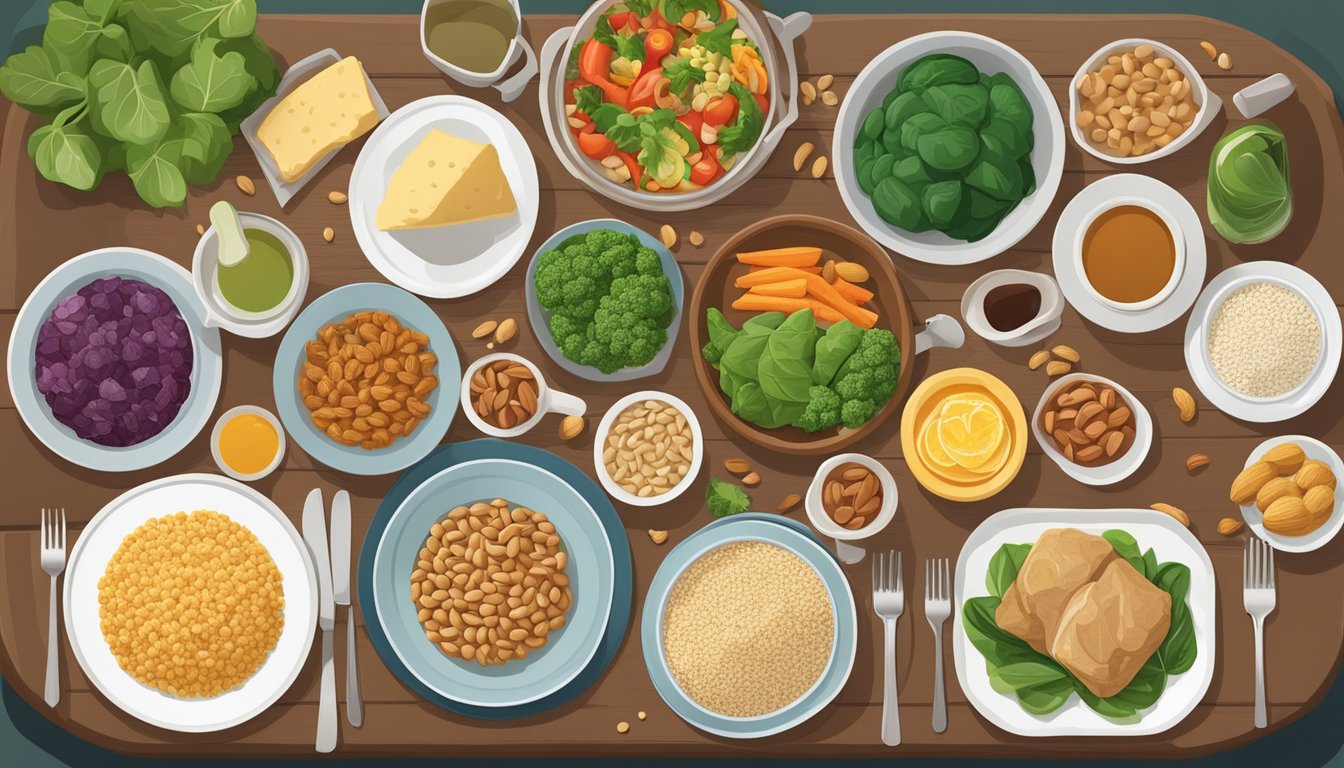 A dinner table set with a variety of foods, including vegetables, whole grains, and lean proteins, with a focus on trace mineral-rich ingredients like spinach, whole grains, and nuts