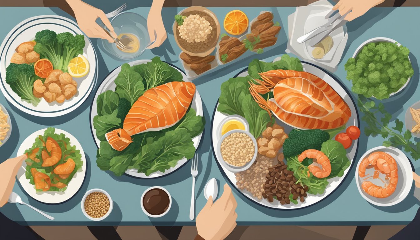 A dinner table set with a balanced meal including foods rich in vanadium, such as whole grains, leafy greens, and seafood. A person is seated, ready to eat