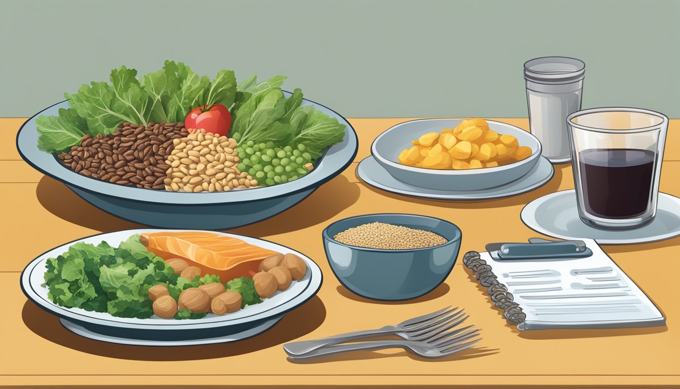 A dining table set with a balanced meal including foods rich in vanadium, such as whole grains, leafy greens, and nuts, alongside a diabetes management guide