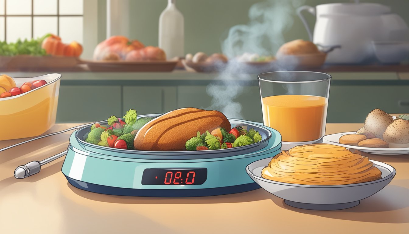 A steaming plate of food sits next to a thermometer, showing a rise in temperature. A graph in the background illustrates blood sugar levels spiking