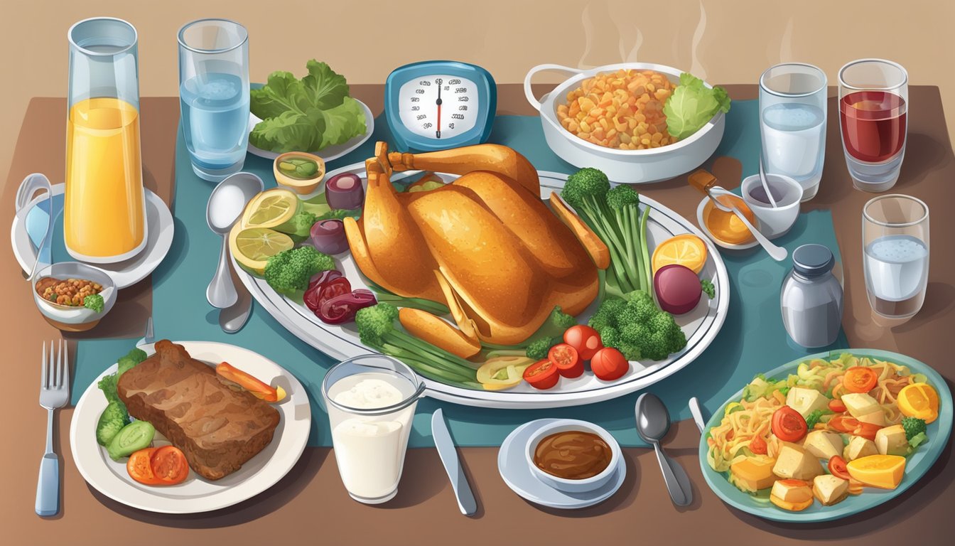 A table set with a variety of hot and cold dinner items, surrounded by a thermometer and blood sugar monitor