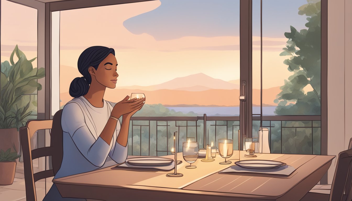 A serene dinner setting with a person sitting at a table, practicing deep breathing exercises before a meal. The focus is on the peaceful atmosphere and the act of mindful breathing